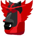 A red and black pixelated stone statue head with an aggressive, fiery expression.