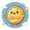 A smiling gold coin character with arms and legs floating against a blue starry sky with white clouds.