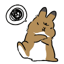 A brown cartoon bunny stomping its feet repeatedly with a scribbled thought bubble above its head indicating anger.