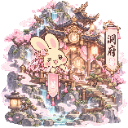 A cute yellow bunny sits in front of a traditional wooden shrine surrounded by pink cherry blossom trees.