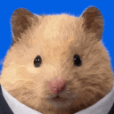 A close-up of a hamster wearing a formal suit and tie against a bright blue background.