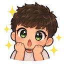 Anime boy with large green eyes and messy brown hair looking surprised with hands on his cheeks, surrounded by yellow sparkl…