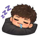 A chibi boy with brown hair sleeping soundly on a black pillow with a blue drool bubble and purple Zs floating above his hea…