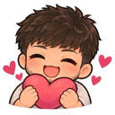 A cute anime boy with brown hair smiling happily while holding a large pink heart surrounded by smaller floating hearts.