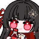 Anime girl with dark hair and red eyes rhythmically sipping from a red soda bottle.