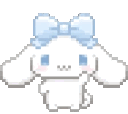 A white puppy character with a blue bow waves and winks in a repeating pixel animation.