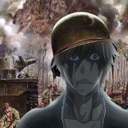 Anime character wearing a military helmet with a hollow, thousand-yard stare against a blurry war-torn background.
