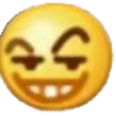 Yellow smiley face with a wide, devious grin and narrowed, suspicious eyes.