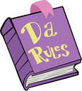 A purple book with a pink bookmark and the text Da Rules written in yellow on the cover.