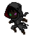 A hooded ninja figure with glowing eyes moving through the darkness.