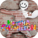 A 3D brick-textured figure with a smiley face stands behind colorful text that reads MECCHA CHAMELEON.