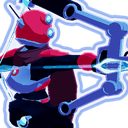 Archer in red and black armor aiming a glowing blue bow.