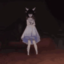 Anime girl in a white dress gets hit in the head by a flying pillow and falls over.
