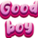 Good boy text in a bubbly pink 3D font.
