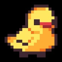 A small yellow pixelated chick with a red beak facing slightly to the right.