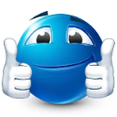 Blue sphere character with a wide smile giving a double thumbs up gesture.