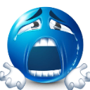 Blue emoji face with a wide-open mouth, closed eyes, and tears, holding its hands up in a gesture of dramatic despair.