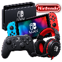 Gaming console, controller, and headset arranged together in a 3D style.