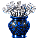 A dark blue and black ornate vase filled with multiple silver forks.