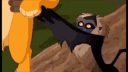 Rafiki lifts a lion cub and then tosses it away in a rapid animated sequence.