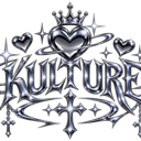 Metallic text logo with a crown, hearts, and a cross in a shiny silver finish.