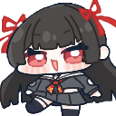 A chibi anime girl with black hair, red ribbons, and a mischievous grin.