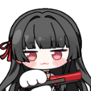 Anime girl with long black hair and a deadpan expression holding a red handgun.