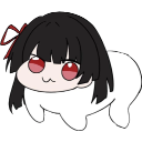 A white blob-like creature with black hair and red eyes wearing a smug, mischievous expression.