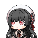 Anime girl with long dark hair and red eyes transitions from a neutral expression to a playful, toothy grin.