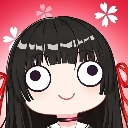 Anime girl with long black hair and wide, blank eyes staring forward against a pink background with white flowers.