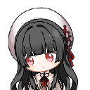 Anime girl with dark hair and a white beret blowing a kiss with a pink heart icon.