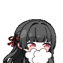 Anime girl with long black hair and red ribbons giggling behind her hand with a happy expression.