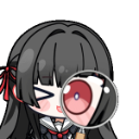 An anime girl with black hair holds a large magnifying glass over her eye to inspect something closely.