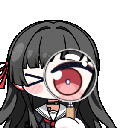 Anime girl with long black hair holding a magnifying glass over her eye to look closely at something.