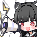 Anime girl with cat ears shouting into a megaphone with a happy expression.
