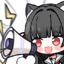 Anime girl with cat ears smiling and shouting into a megaphone.