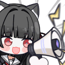 Anime girl with cat ears smiling and shouting into a megaphone.