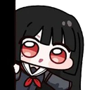 Anime girl with large red eyes peeking from behind a black corner.