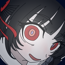 Anime girl with black hair and intense red eyes looking down with a sinister expression.