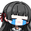 Anime girl with long black hair and a red ribbon crying with two large blue tear streams.