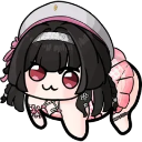 A chibi character with black hair and a pink hat makes a smug expression with a cat-like mouth.
