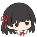A chibi anime girl with black hair and a red bow looking down with a suspicious and unimpressed expression.