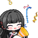 Anime girl with black hair smiling and firing a party popper with colorful confetti flying.