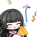 Anime girl with black hair smiling and blowing a party horn with confetti in the background.