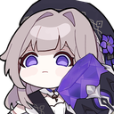 Chibi anime girl with a deadpan expression swinging a large purple hammer.
