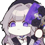 A chibi anime girl with purple hair and eyes swings a large purple hammer with a neutral, deadpan expression.