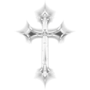 A metallic, chrome-finished gothic cross with sharp edges against a black background.