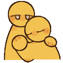 Two yellow blob figures hugging, with the one in the back wearing a smug expression.