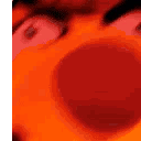A close-up of a face with a wide-open mouth and wide eyes, heavily distorted with deep-fried red and orange color filters.