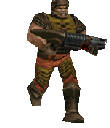 A pixelated soldier in brown and orange armor running forward while holding a large futuristic weapon.